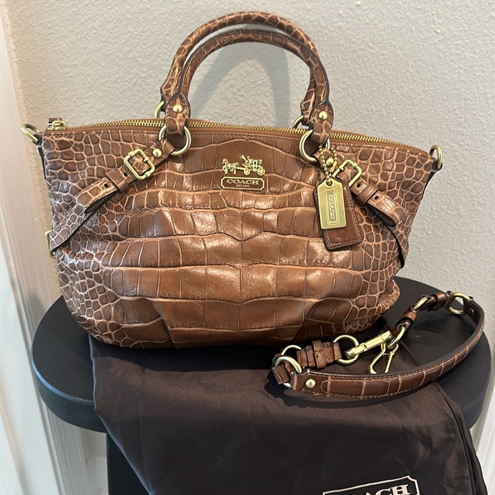 NWOT COACH Madison Embossed Exotic Croc Leather Satchel Shoulder Bag Brown